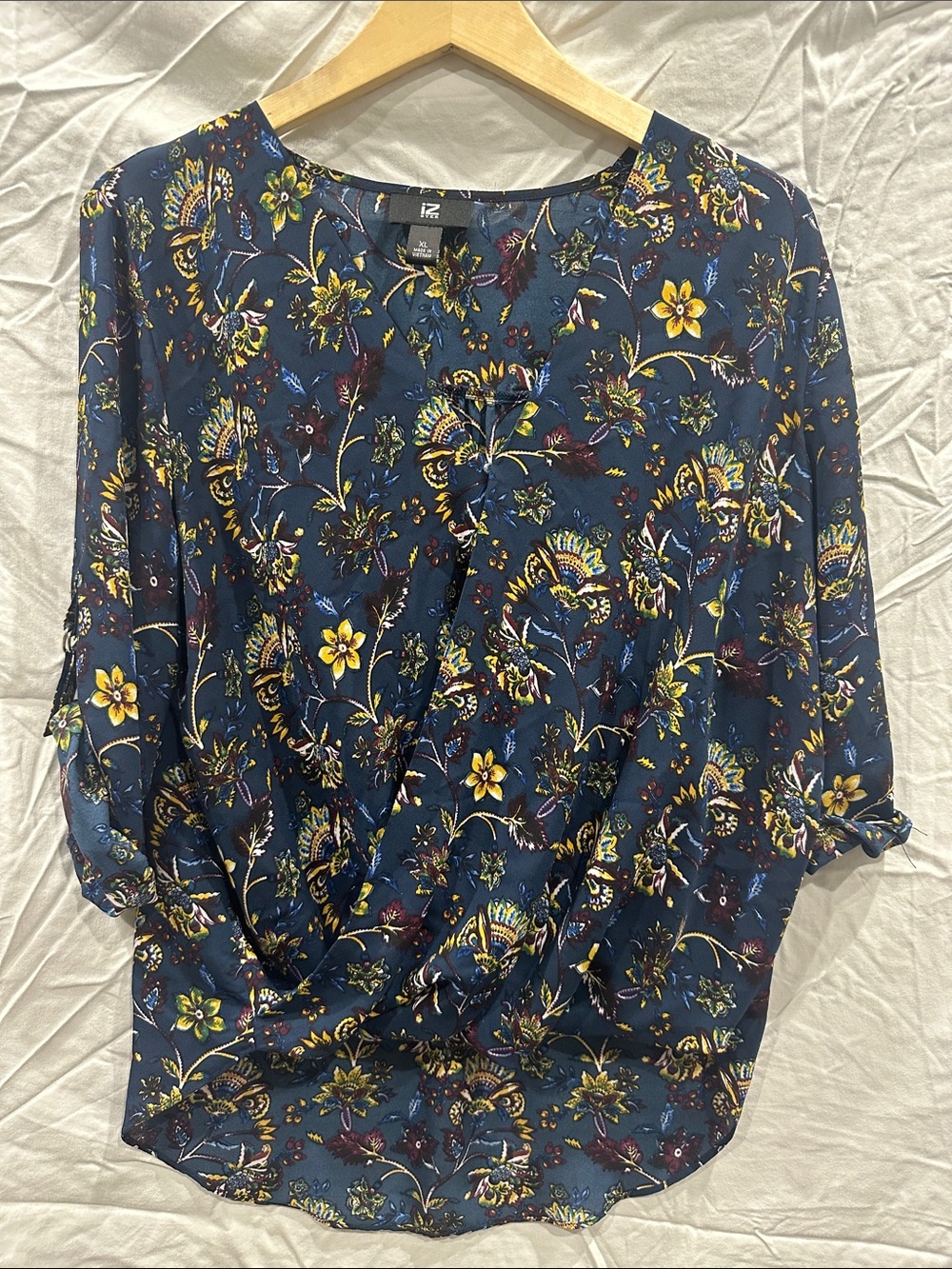 Iz Byer Navy Floral Wrap-Style Blouse with Yellow Accents